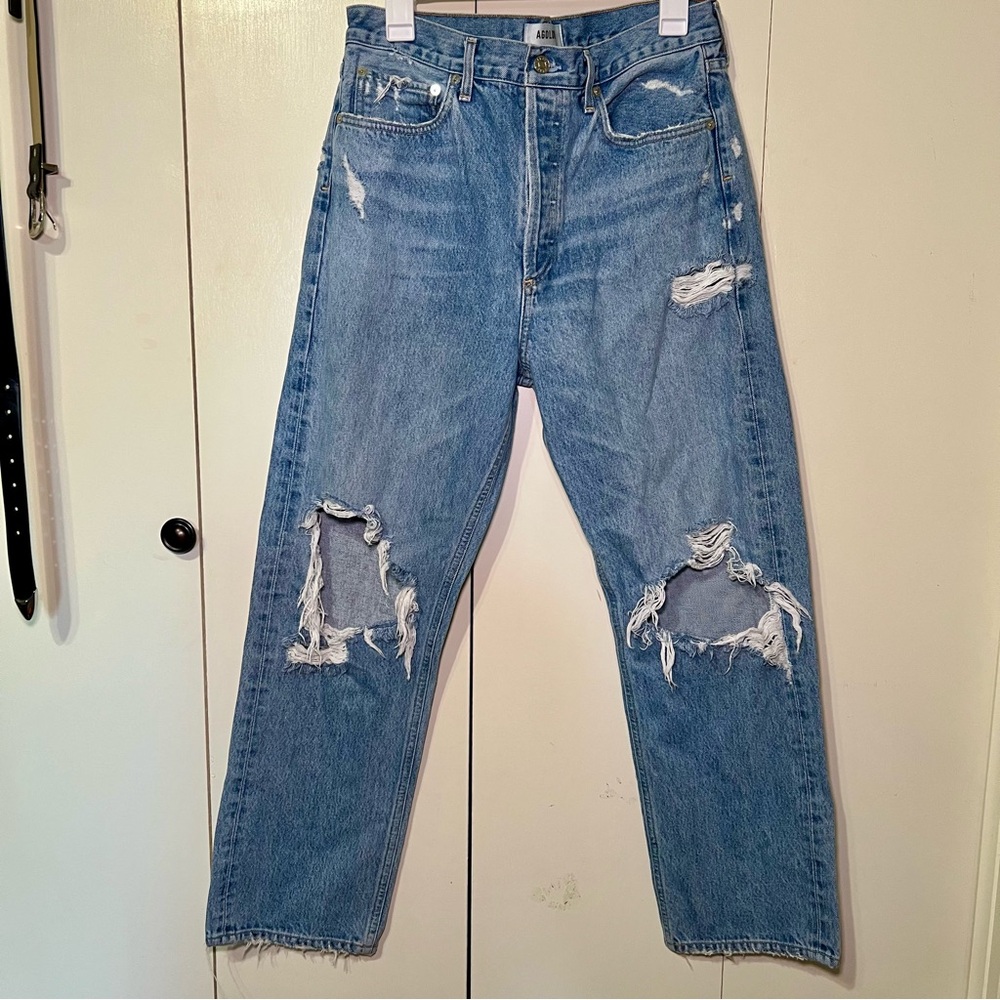 Agolde 90s Mid Rise Loose Fit Light Blue Distressed Denim Jeans Size 29